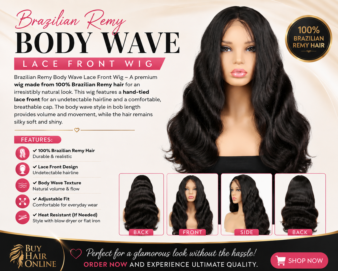 Brazilian Remy Body Wave Lace Front Wig made from 100% Remy Hair for a natural look, silky softness, and beautiful volume.