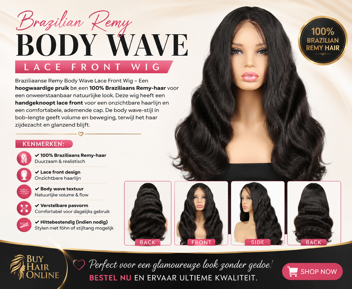 Braziliaanse Remy Body Wave Lace Front Wig van 100% Remy-haar voor een natuurlijke uitstraling, zijdezachte kwaliteit en prac