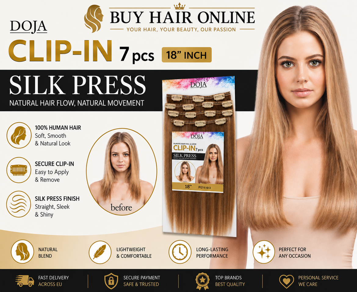 Instantly add length, volume, and a flawless silk press finish with the Doja 7-Piece Clip-In Set made from 100% human hair.