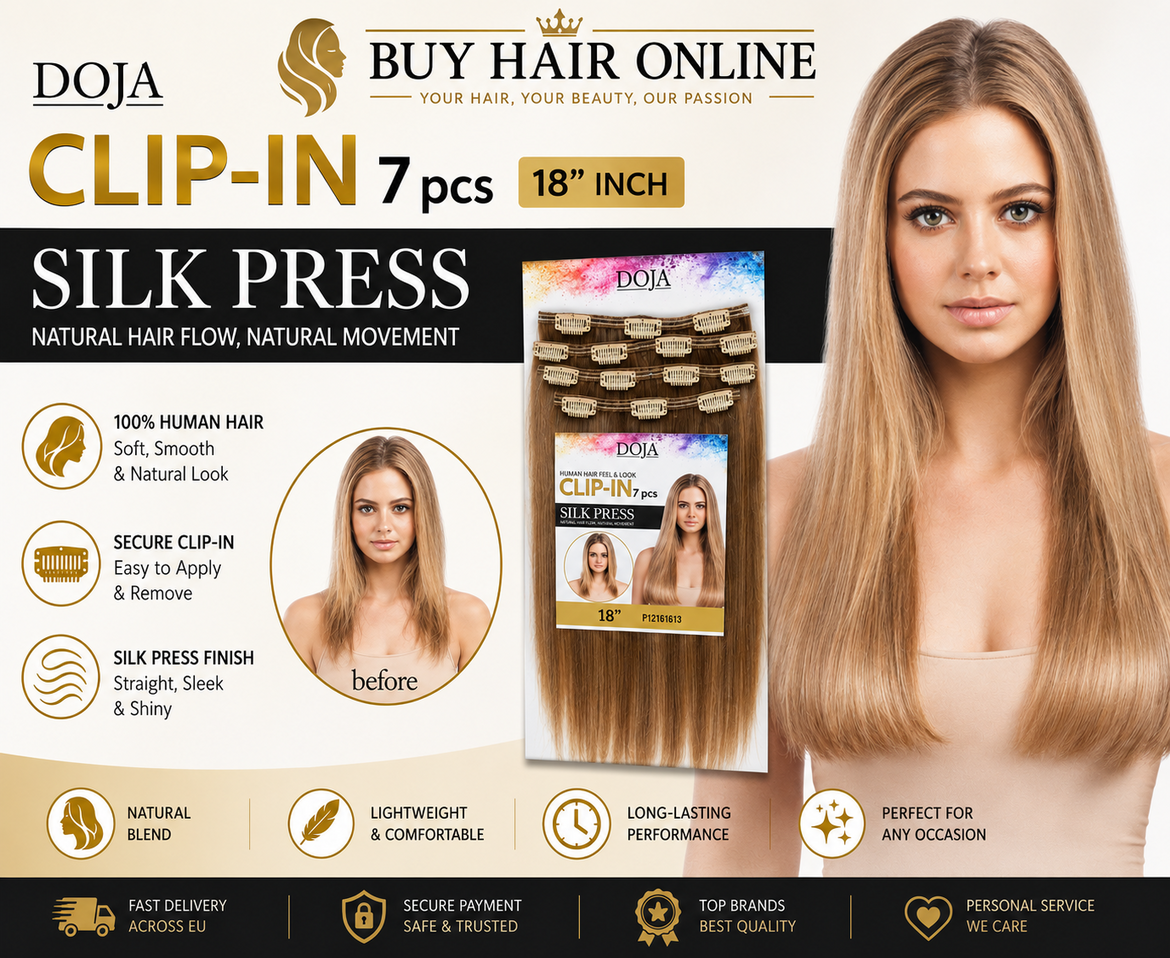 Geef je haar in enkele minuten meer lengte, volume en een natuurlijke silk press look met de Doja Clip-In 7-delige set van 10