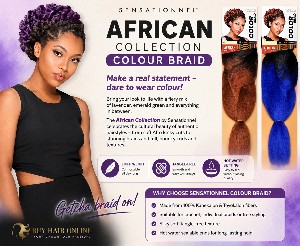 Create bold braids with Sensationnel Colour Braid – lightweight, tangle-free, and easy to seal with hot water.