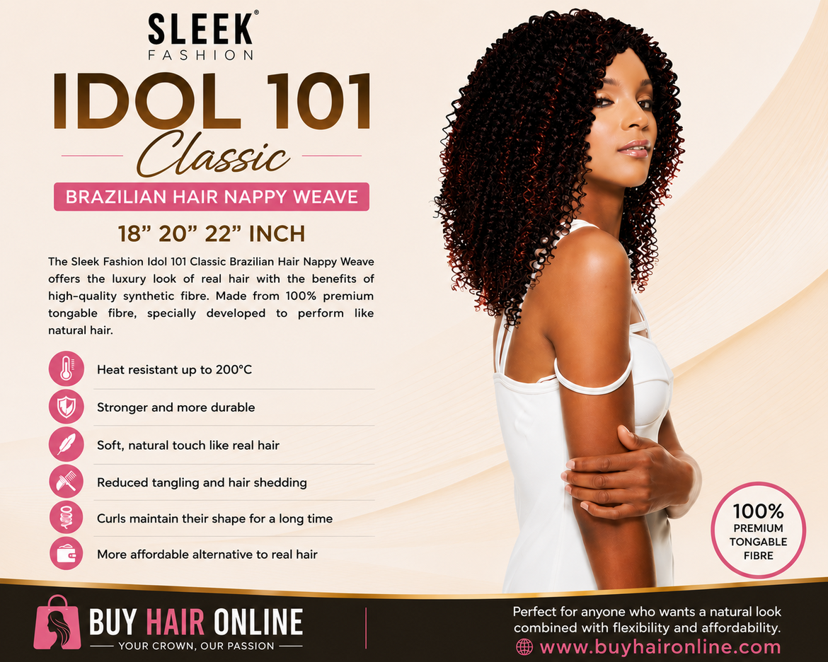Upgrade your look with Sleek Fashion Idol 101 Classic Brazilian Hair Nappy Weave.