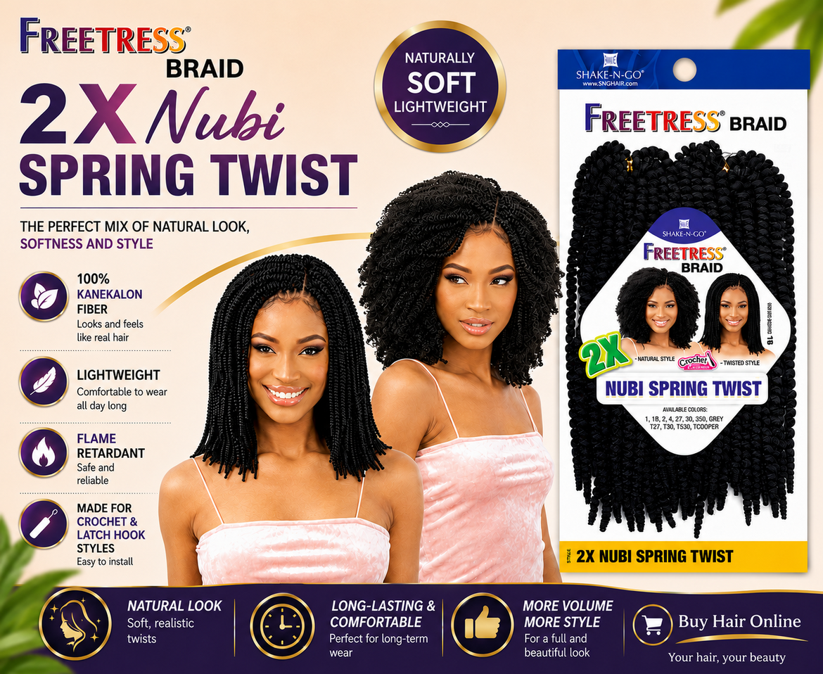 Create soft, lightweight, natural-looking twists with FreeTress Braid 2X Nubi Spring Twist.