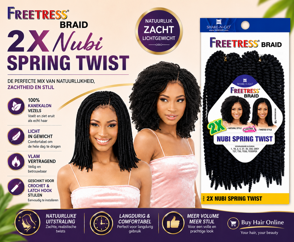  Creëer zachte, natuurlijke twists met de FreeTress Braid 2X Nubi Spring Twist.