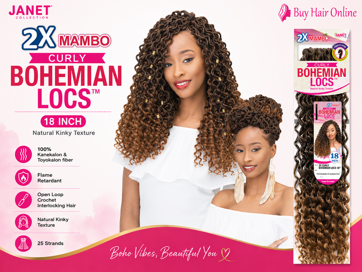 Create a beautiful natural boho look with the lightweight and stylish Janet Collection 2X Mambo Curly Bohemian Locs
