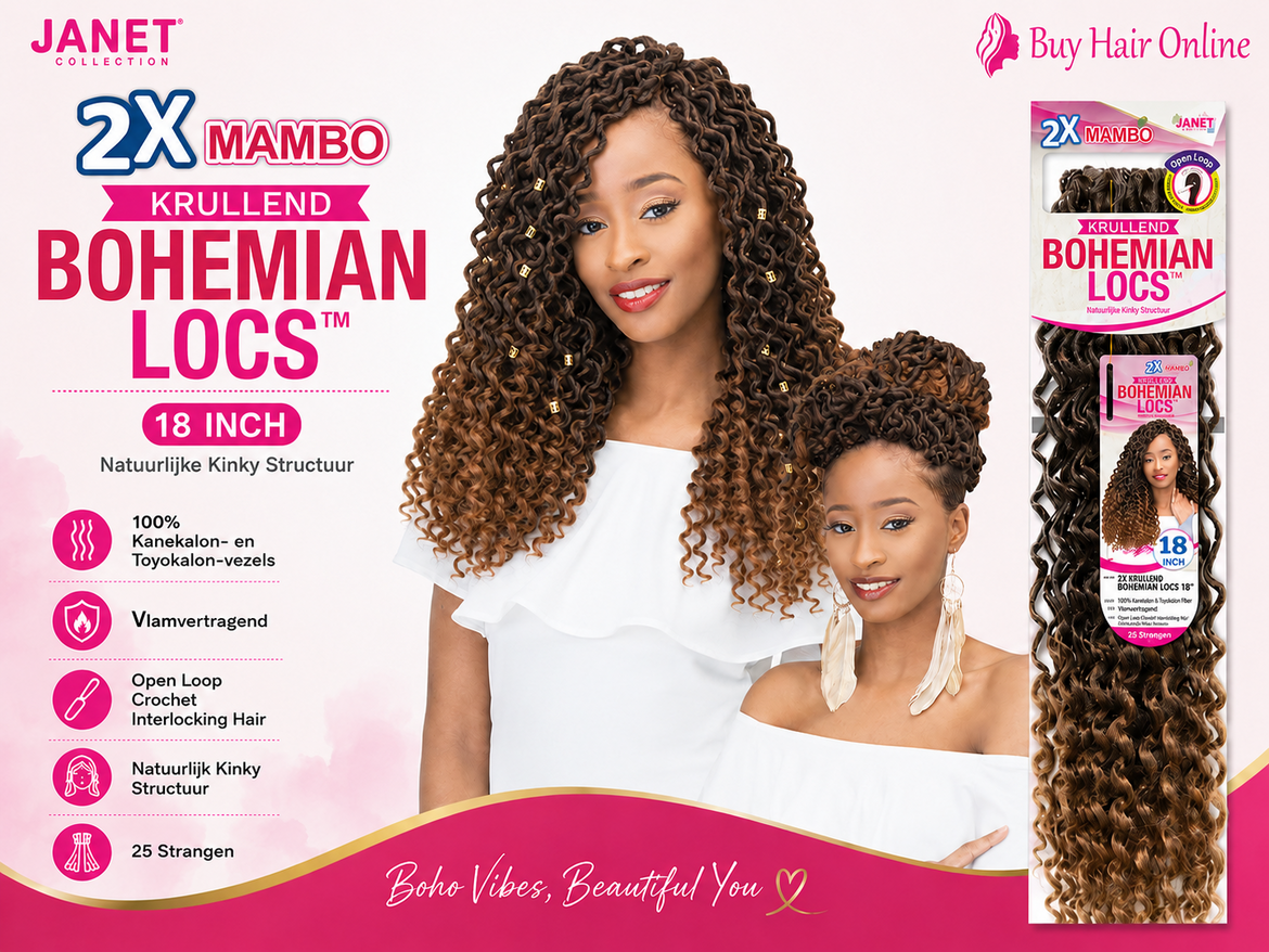 Geef je look een natuurlijke boho-uitstraling met de lichte en stijlvolle Janet Collection 2X Mambo Curly Bohemian Locs