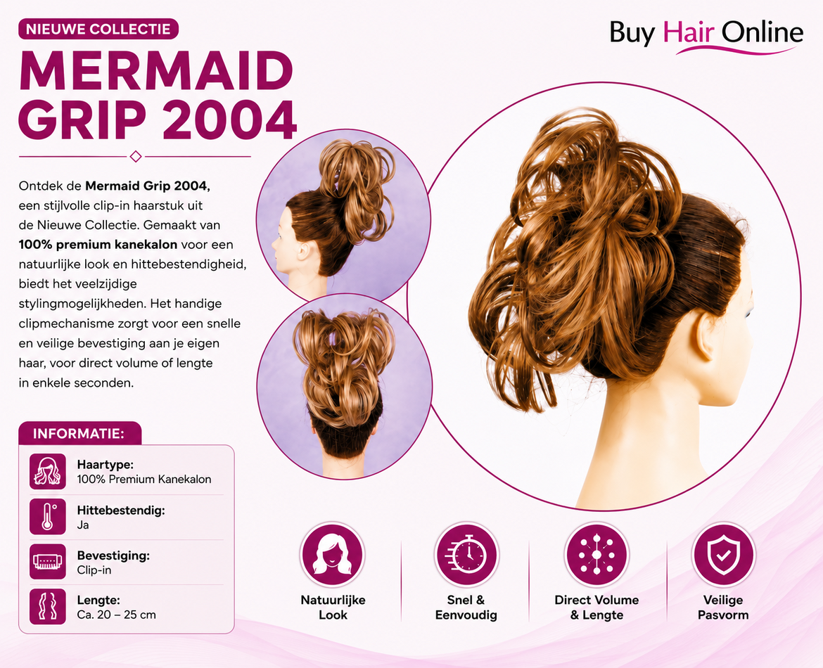 Geef je kapsel in enkele seconden meer volume met de Mermaid Grip 2004. Dit stijlvolle clip-in haarstuk van 100% premium kane