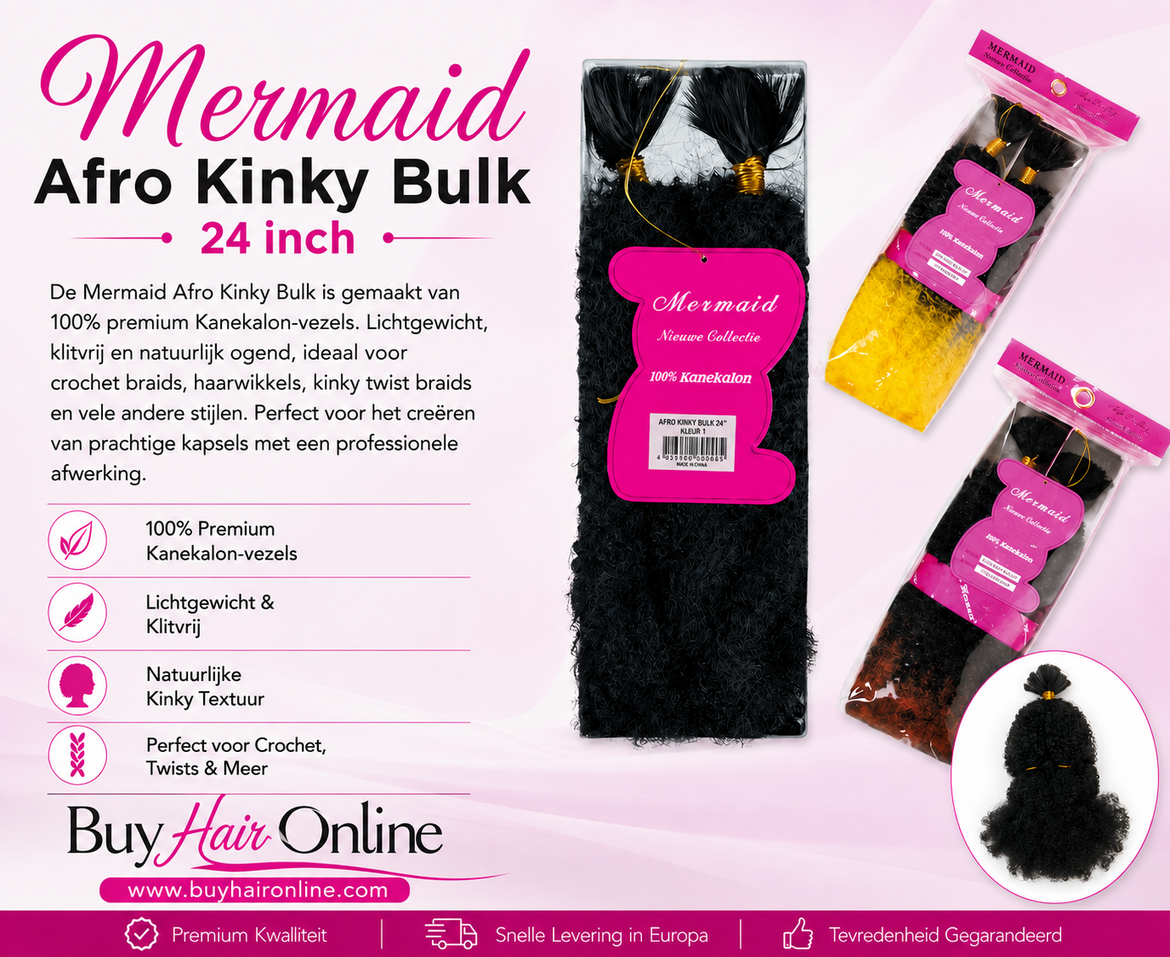 Creëer een natuurlijke afrolook met de Mermaid Afro Kinky Bulk van 100% premium Kanekalon. Ideaal voor crochet, twists en cr