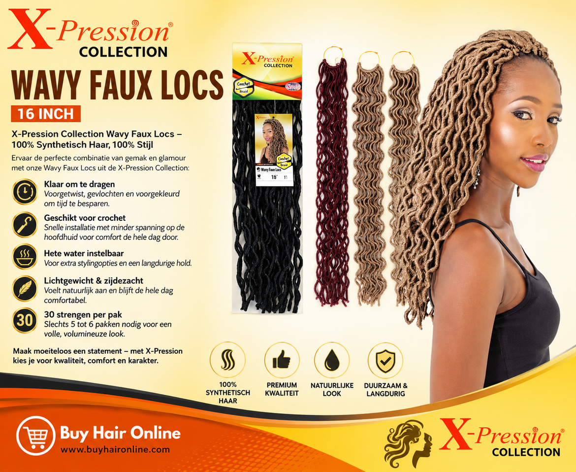 Creëer moeiteloos een stijlvolle look met X-Pression Wavy Faux Locs 16 inch. Lichtgewicht, zacht en eenvoudig te installeren