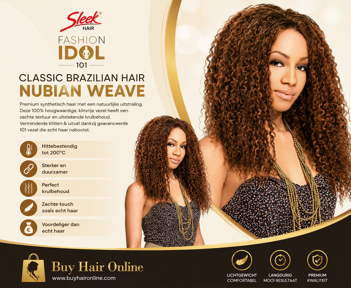 Ontdek Sleek Fashion Idol 101 Classic Brazilian Hair – Nubian Weave: zacht, natuurlijk ogend en prachtig krullend. Klitvrij