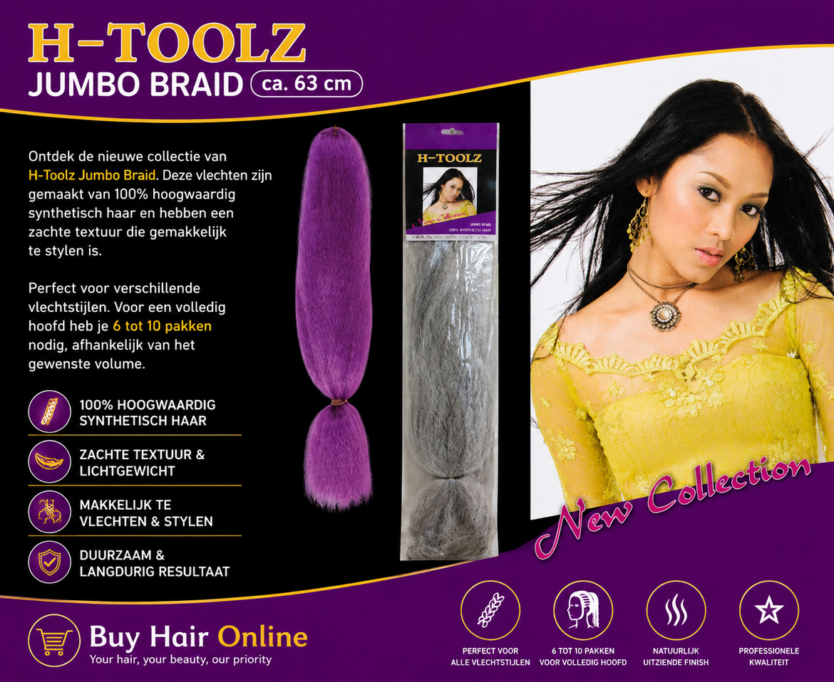 Ontdek H-Toolz Jumbo Braid – zacht, lichtgewicht en makkelijk te vlechten voor prachtige, veelzijdige vlechtstijlen.