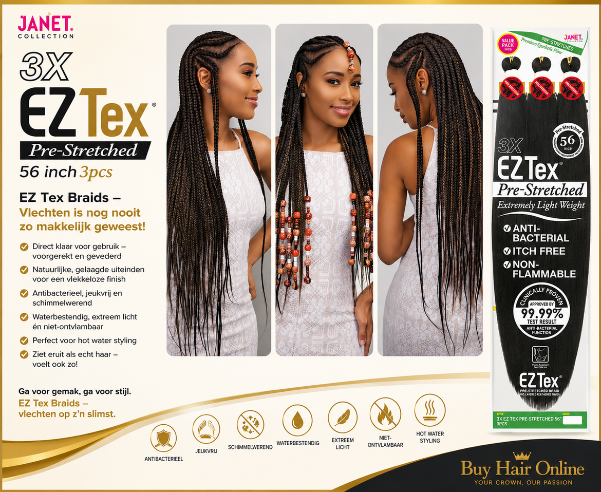 Ontdek Janet Collection 3X EZ Tex Pre-Stretched 56”: lichtgewicht, comfortabel en direct klaar voor prachtige vlechten.