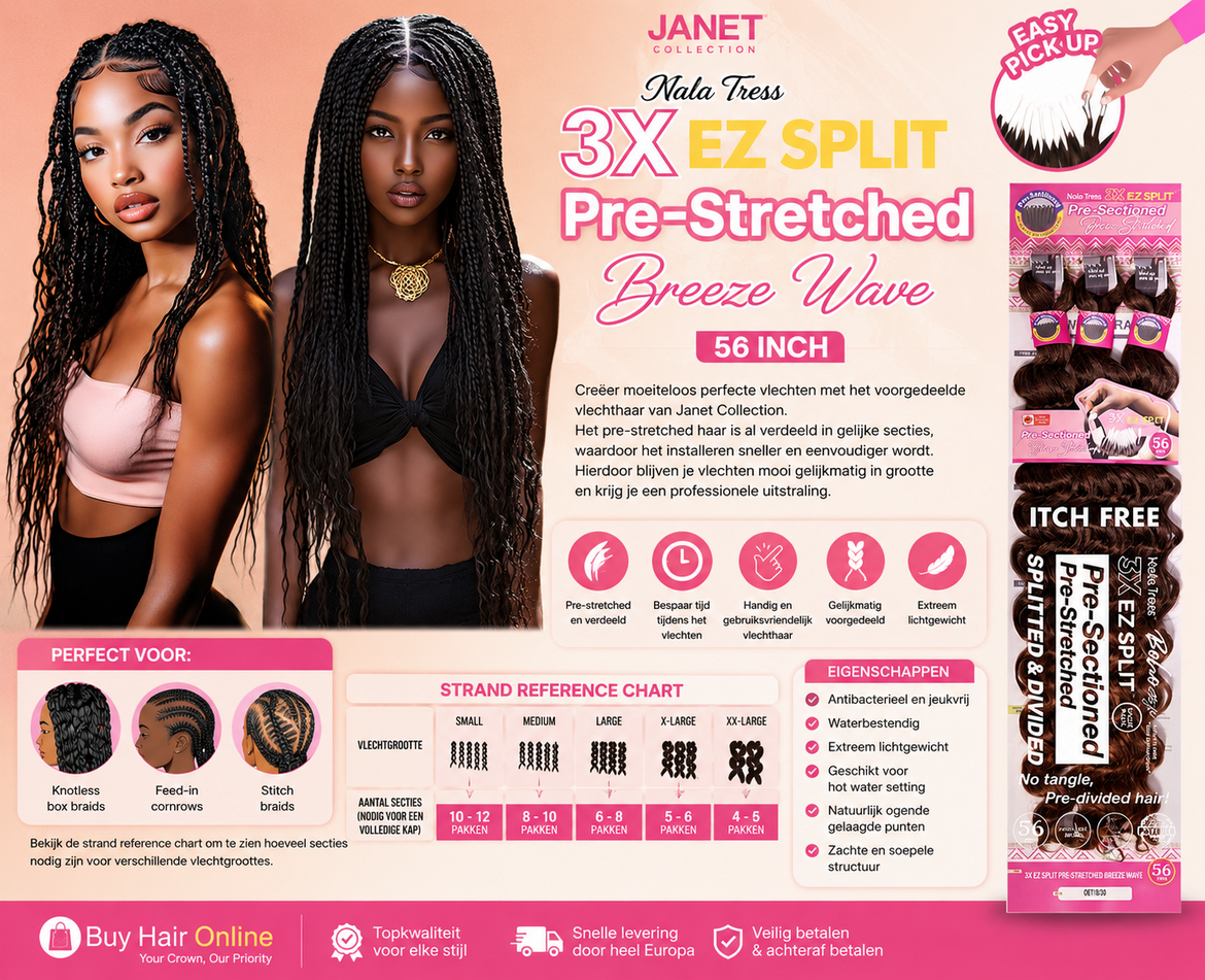 Creëer moeiteloos prachtige vlechten met Janet Collection Nala Tress 3X EZ Split Pre-Stretched Breeze Wave. Voorgedeeld, ult