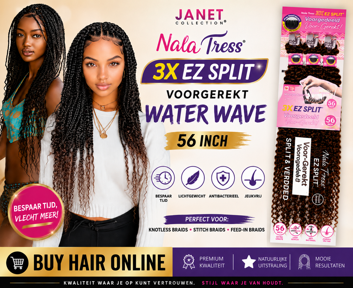 Vlecht sneller en makkelijker met Janet Collection Nala Tress 3X EZ Split Water Wave – voorgerekt, lichtgewicht en perfect 