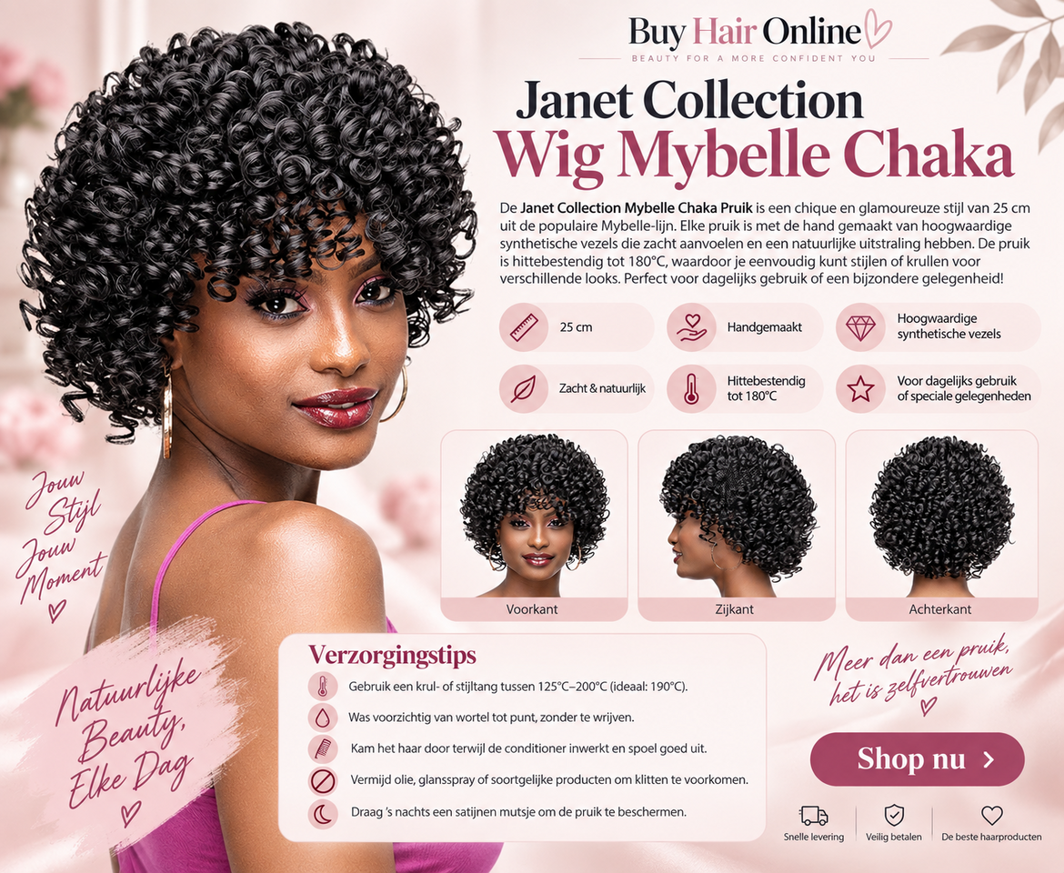 Chique krullen met een natuurlijke uitstraling. De Janet Collection Mybelle Chaka geeft je moeiteloos volume, stijl en elegan