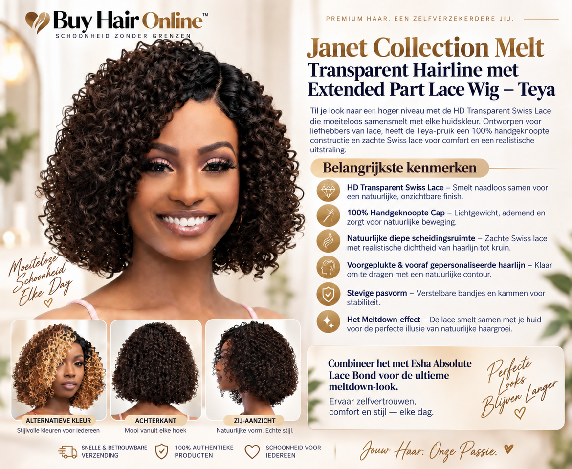 Ontdek de Janet Collection Teya: prachtige krullen, HD lace en een natuurlijke haarlijn voor een moeiteloze look.